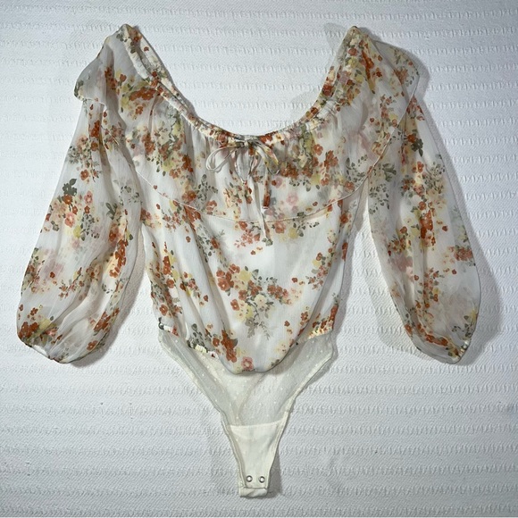 Abercrombie Floral Off Shoulder Bodysuit Tie Front Boho Peasant Top Western - Picture 2 of 9